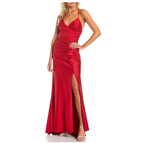 XSCAPE Stretch Satin Strappy Side-gathered High-slit Dress In Red Size 6 NWOT - Picture 3 of 11